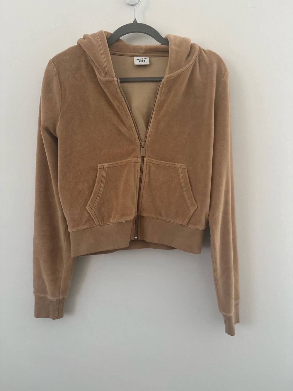 Sunday Best Velour Cropped Zip Up Hoodie Jacket Women's Small Camel Tan Casual